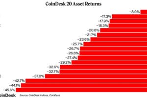 すべてマイナス、イーサリアムは2020年3月以来の下落幅──1月のCoinDesk 20