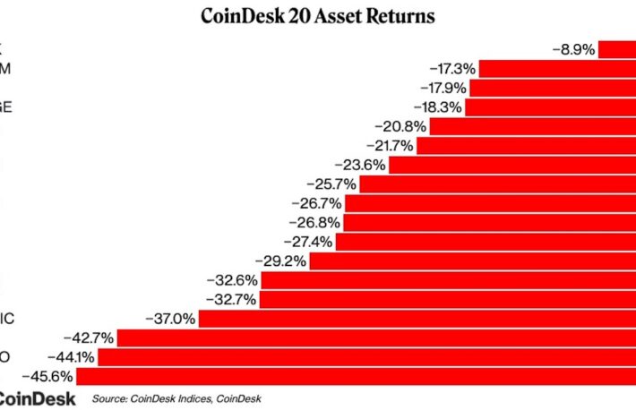 すべてマイナス、イーサリアムは2020年3月以来の下落幅──1月のCoinDesk 20