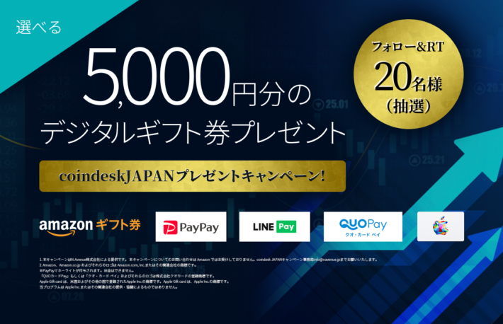coindesk JAPAN フォロー&リツイートキャンペーンペーン企画– 20名様に5,000円分の選べるデジタルギフトをプレゼント