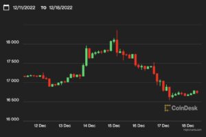 ビットコイン、週始めと同じ1万7000ドル割れ