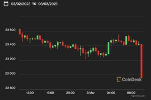 ビットコイン、2万3000ドル割れ──2万2300ドル付近に