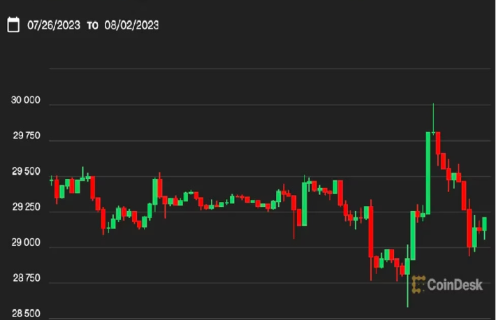 ビットコイン、急騰から2万9200ドル台に戻る──主要アルトコインは下落