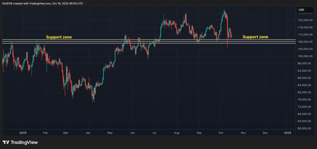 BTC hovers close to a support zone. (TradingView/CoinDesk)
